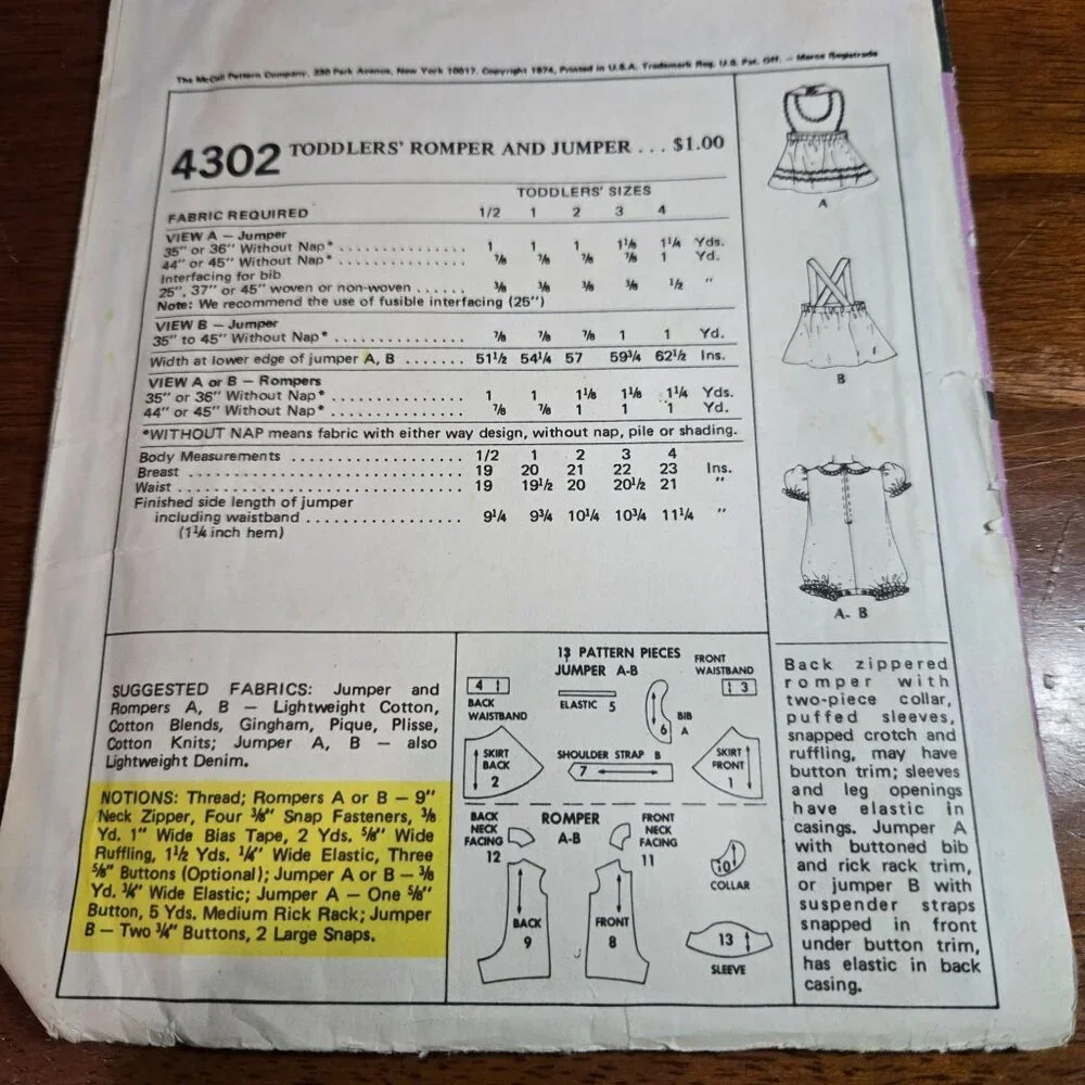 McCall's 4302 Toddlers Romper and jumper sewing pattern Size 2 Uncut 1974